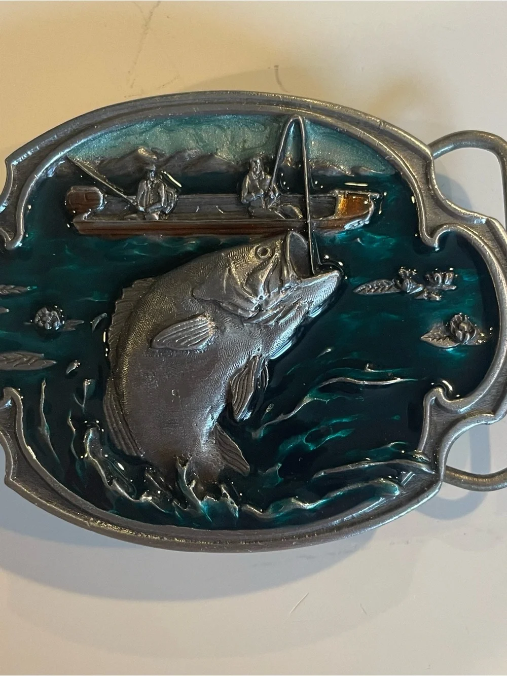 Vtg Siskiyou Bass Fishing Belt Buckle by William Oregon Pewter w/3D Enamel 1984